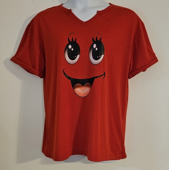 None Tops - Women's XXL 2X Cute Smiley Bright Red V-Notch Collar Top